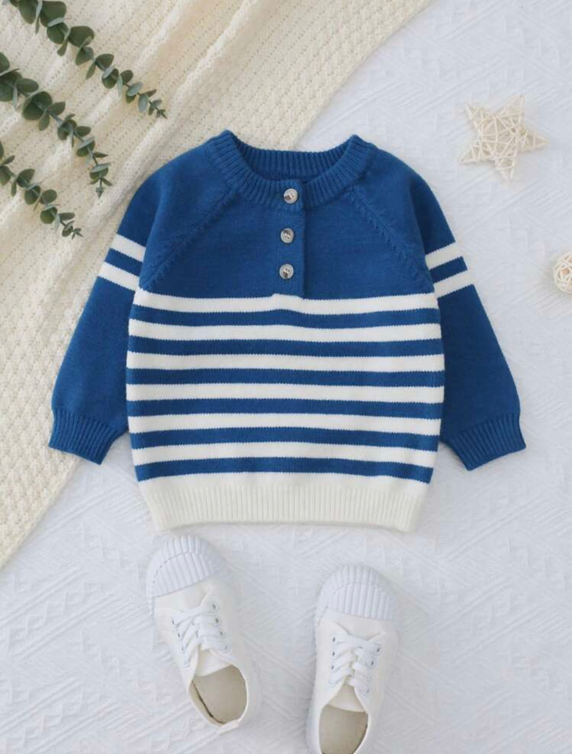 Baby Boy Striped Pattern Raglan Sleeve Half Button Sweater