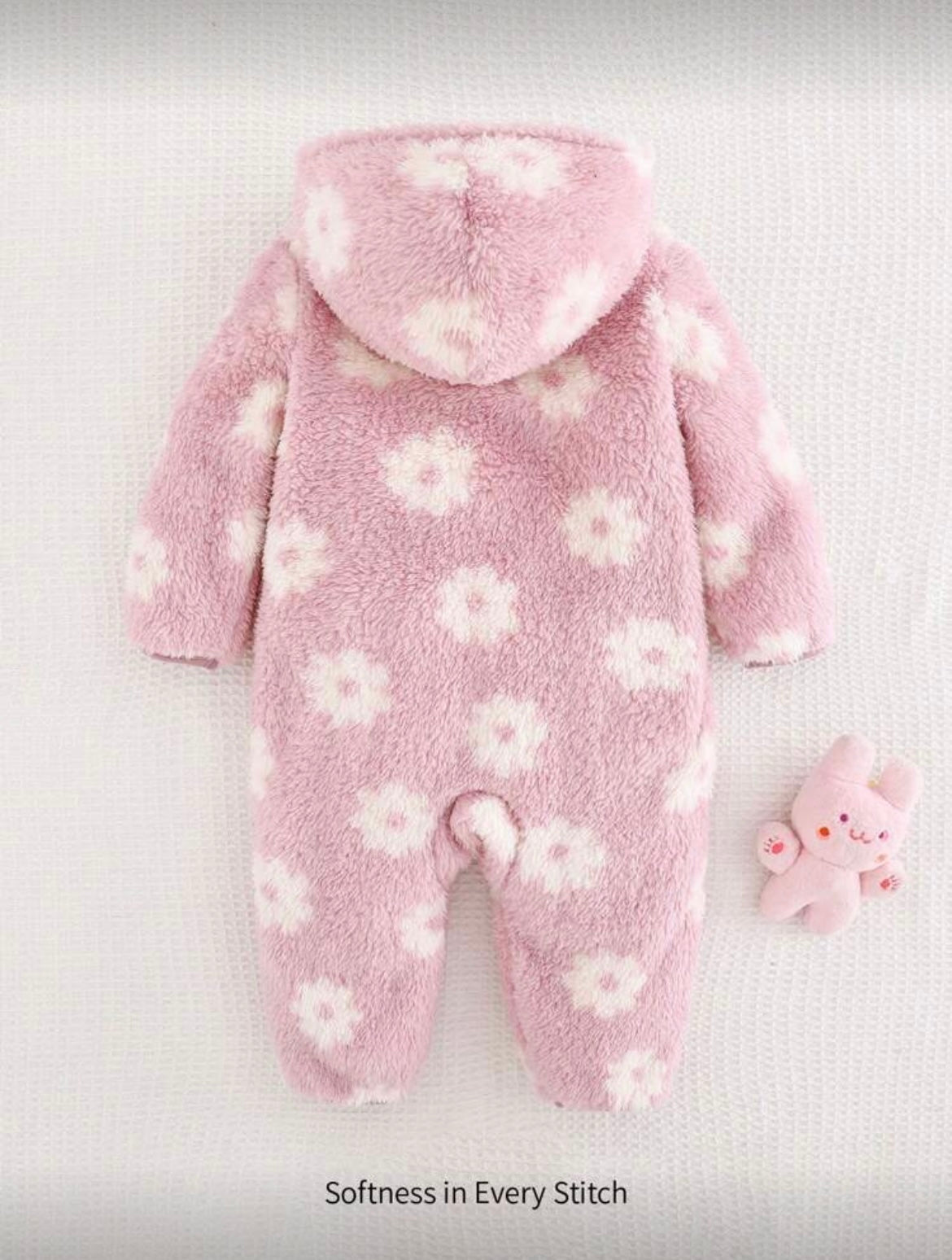 Baby Girl Floral Printed Thickened Knit Soft Hooded Jumpsuit