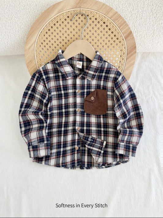 Plaid Contrast Pocket Button-Down Collared Long Sleeve Shirt For Young Boys