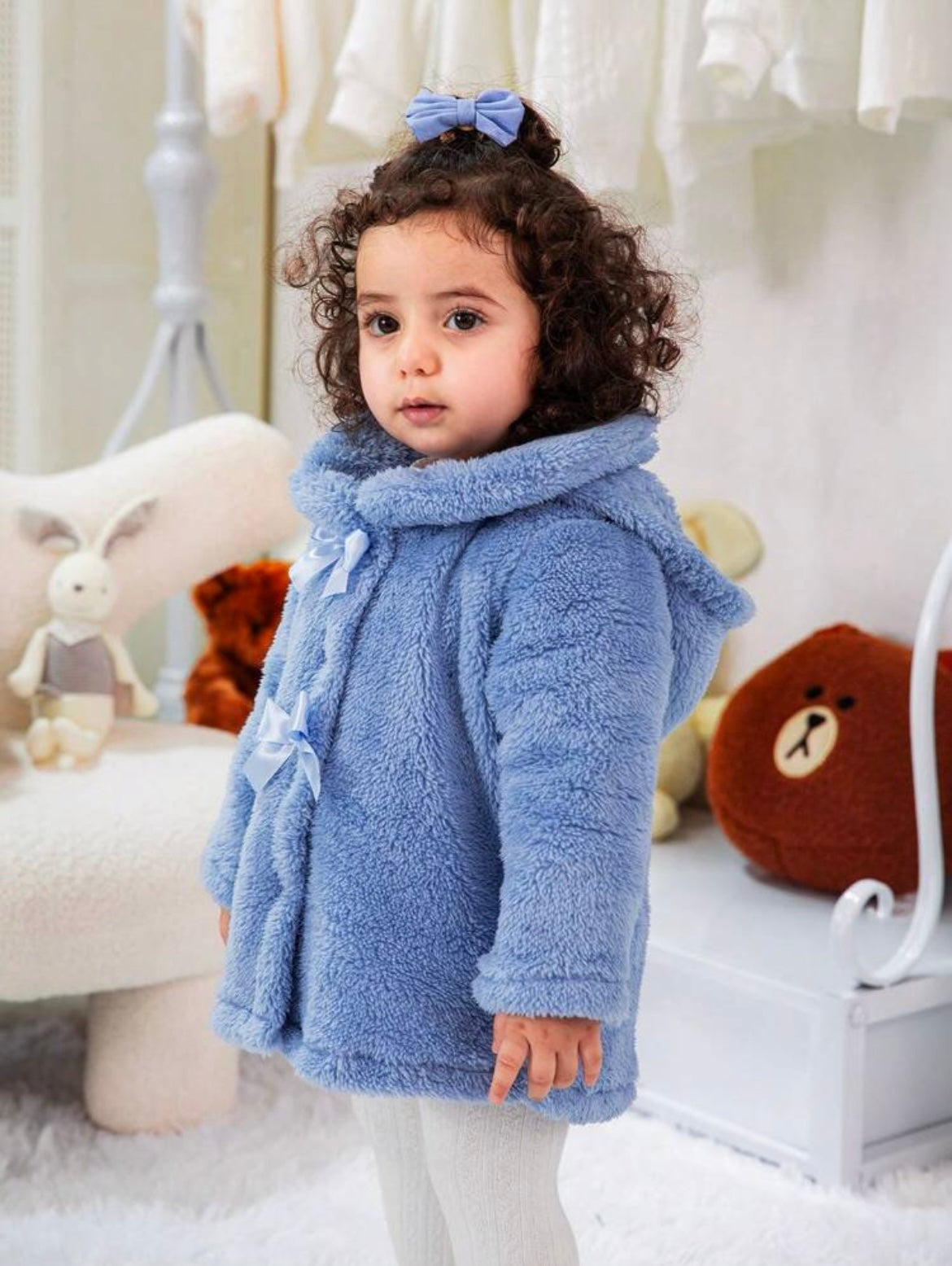 Baby Girl Casual Bow Decor Hooded Fleece Coat, Winter Clothes