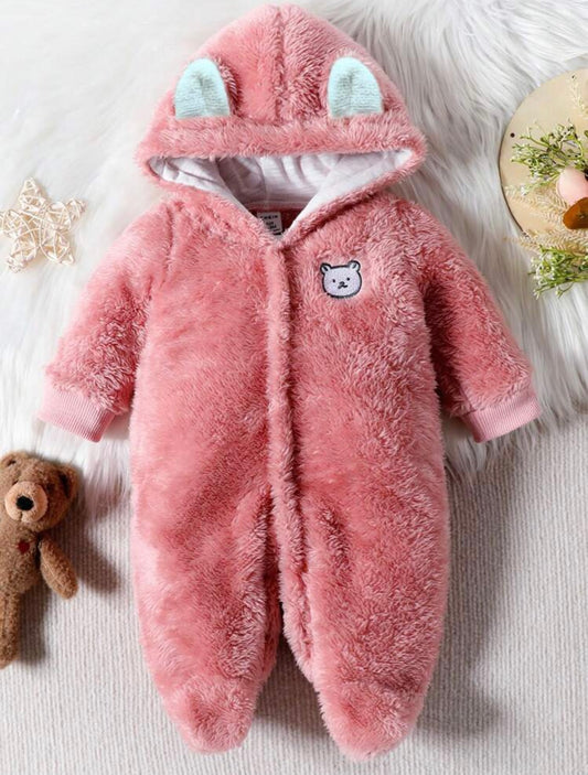 Baby Bear Embroidery 3D Ear Design Hooded Footed Teddy Jumpsuit