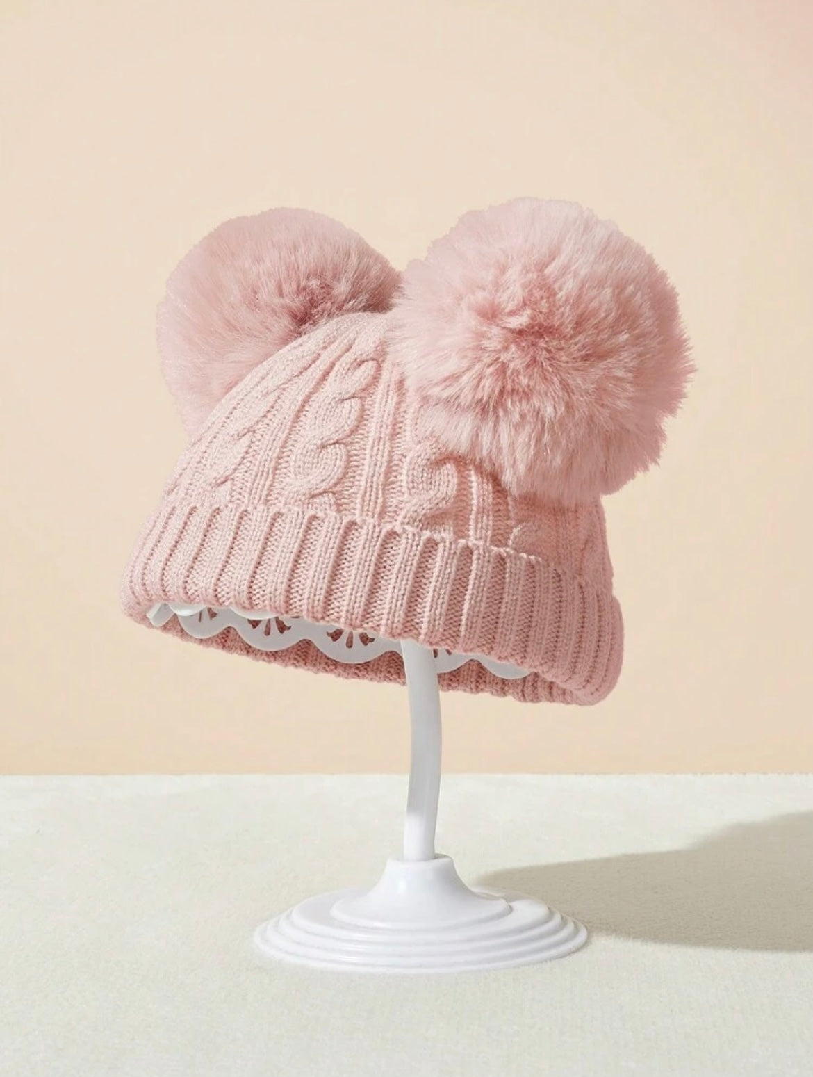 1 Pc Baby And Kids' Fleece-Lined Knitted Hat With Pom-Pom And Folded Brim, Autumn And Winter Outdoor Warm Hat