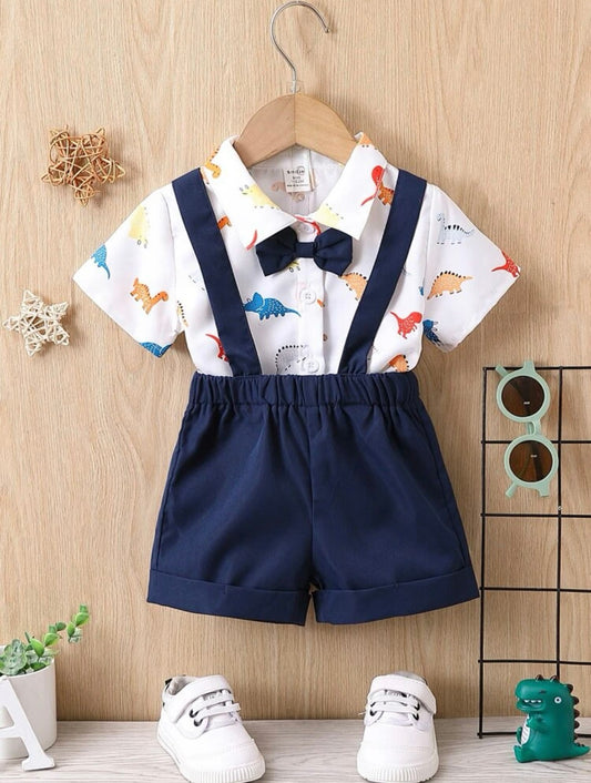 Baby Boy Dianosaur Print Bow Front Shirt & Pinafore Shorts