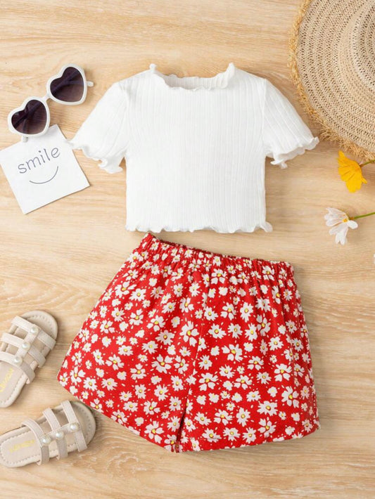 Baby Girl Lettuce Trim Tee & Floral Print Shorts