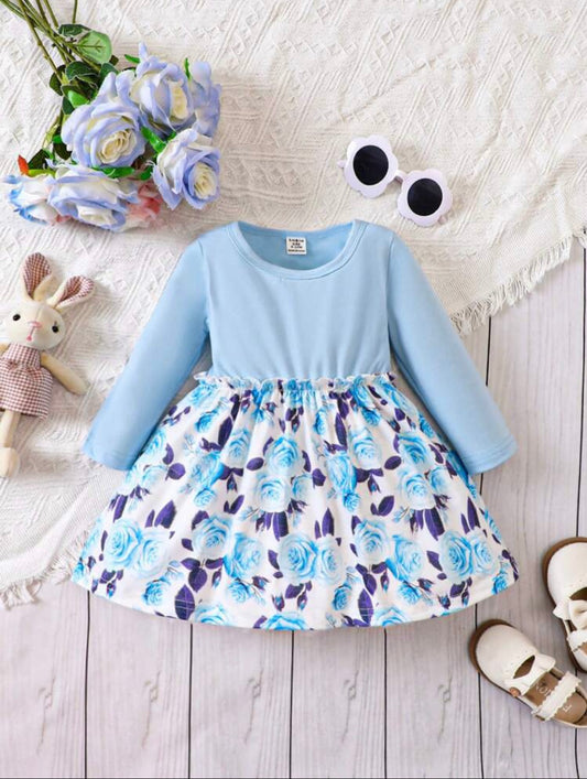 Baby Flower Printed Frill Hem Patchwork Dress