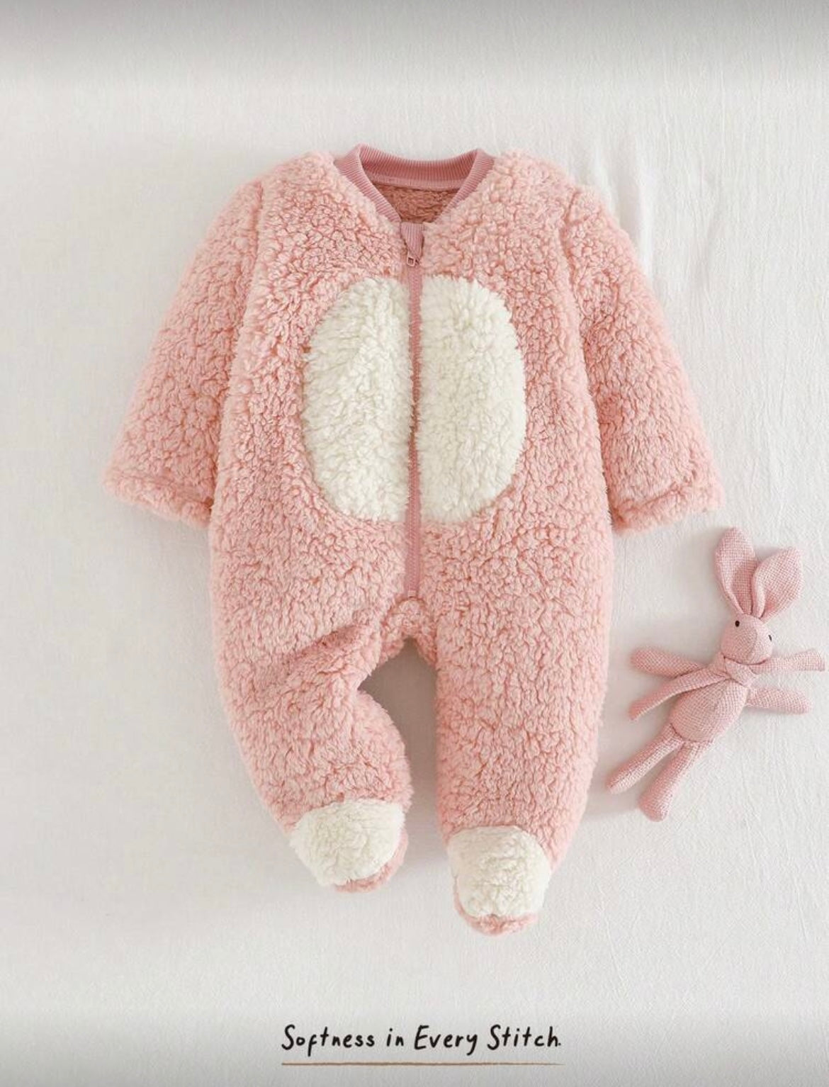 Baby Boy/ Girl Cartoon Rabbit Ear Hooded Thick Fleece Jumpsuit.