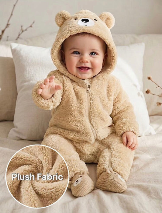 Winter Cute Hooded Jumpsuit With Fluffy Bear Ears Beige Soft Fabric.
