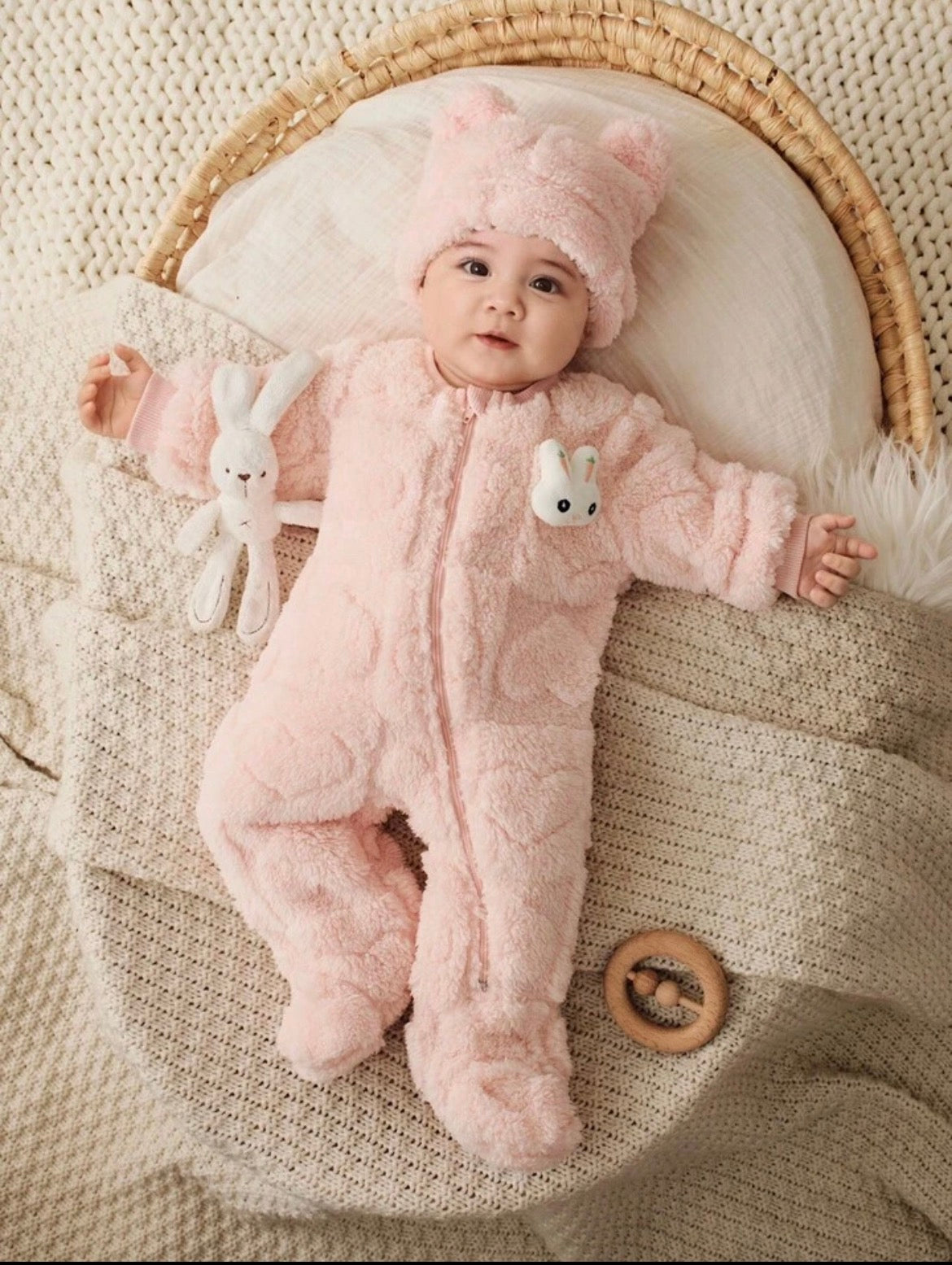 Baby Girl Cartoon Bear Textured Fleece Long Sleeve Romper And Hat 2 Pieces Set