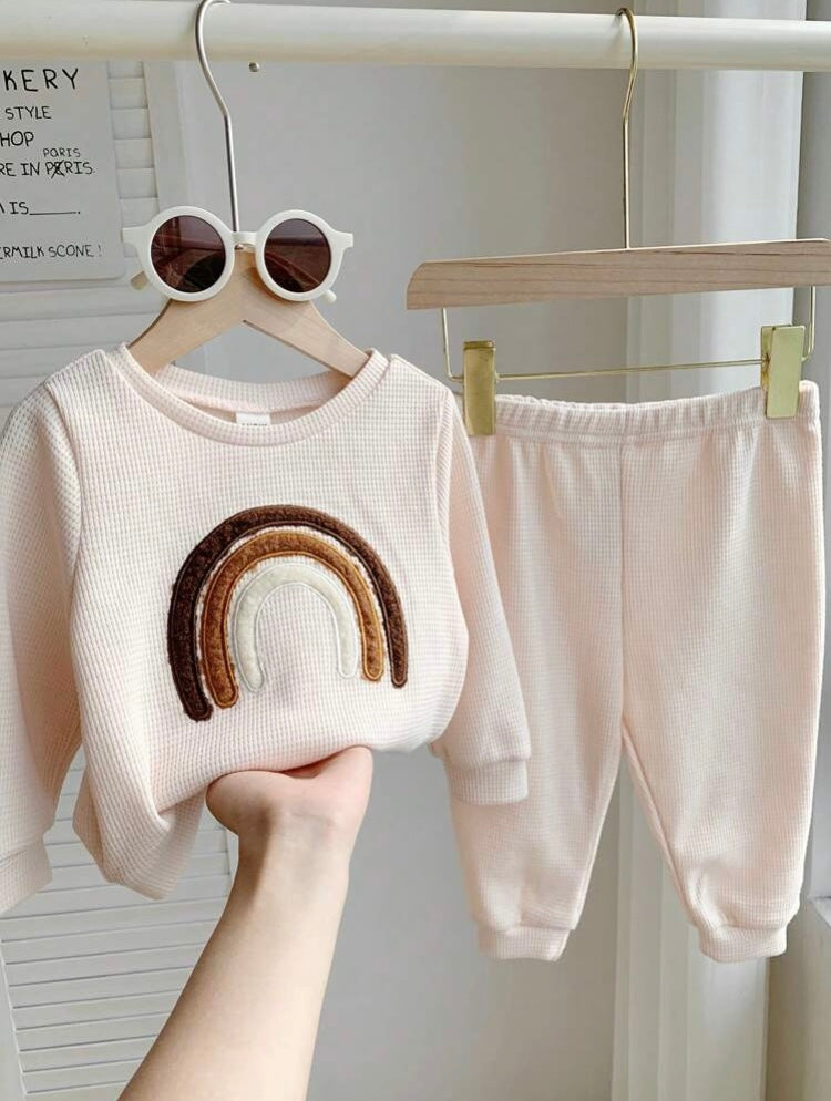 2pcs Baby Boy/Girl Beige 3D Applique Textured Sweatshirt And Pants Set, Soft Comfy Casual Outfit For Fall/Winter