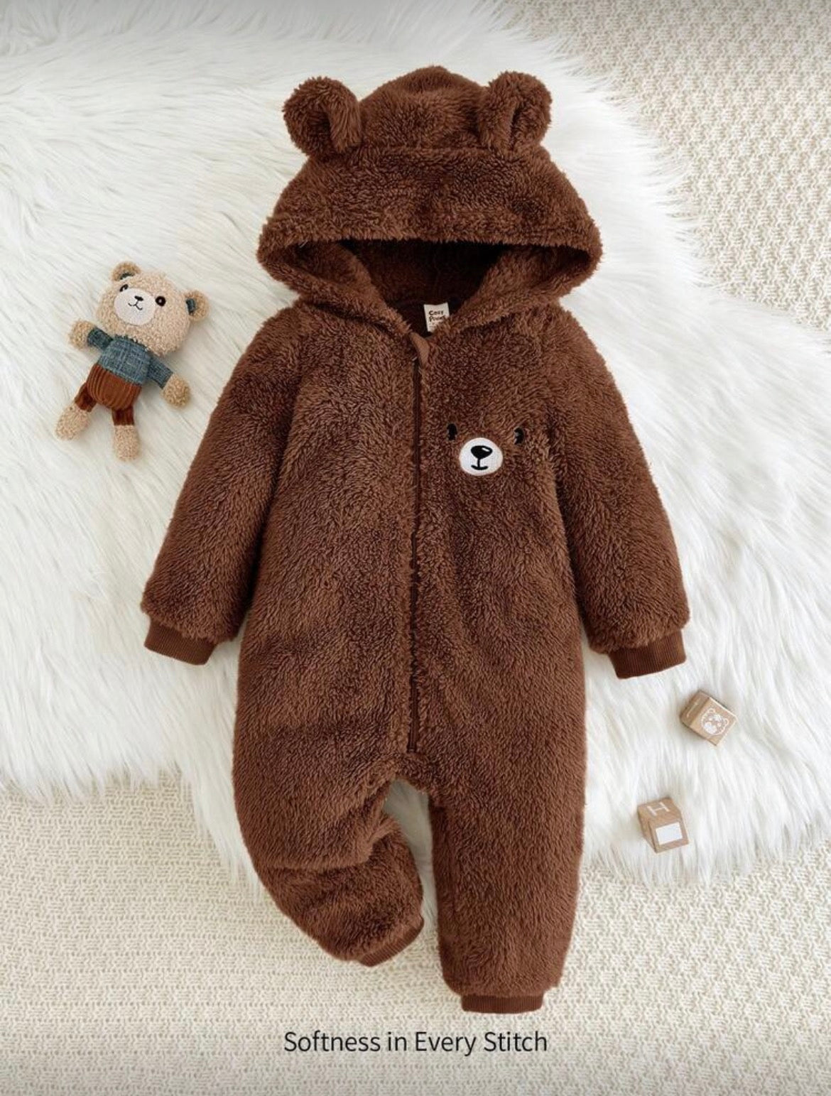 Baby Boy/ Girl Cartoon Rabbit Ear Hooded Thick Fleece Jumpsuit, Suitable For Autumn/Winter.
