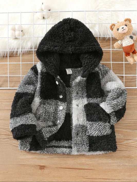 Baby Boys And Girls Soft, Comfy, Double-Sided Plush Checkered Long Sleeve Hooded Jacket