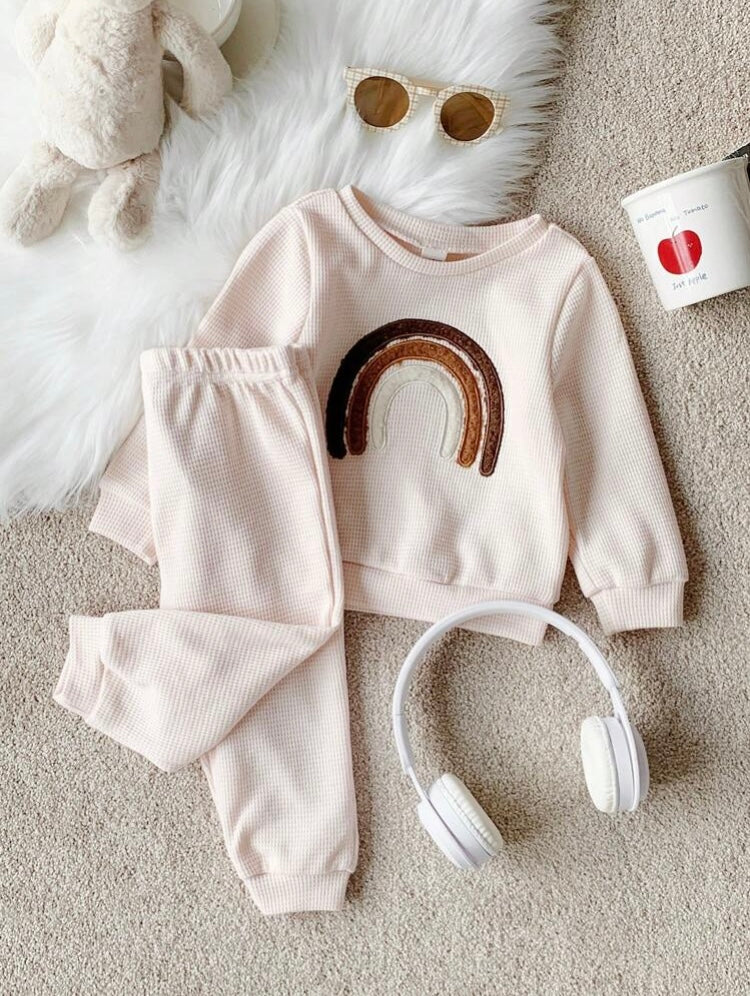 2pcs Baby Boy/Girl Beige 3D Applique Textured Sweatshirt And Pants Set, Soft Comfy Casual Outfit For Fall/Winter