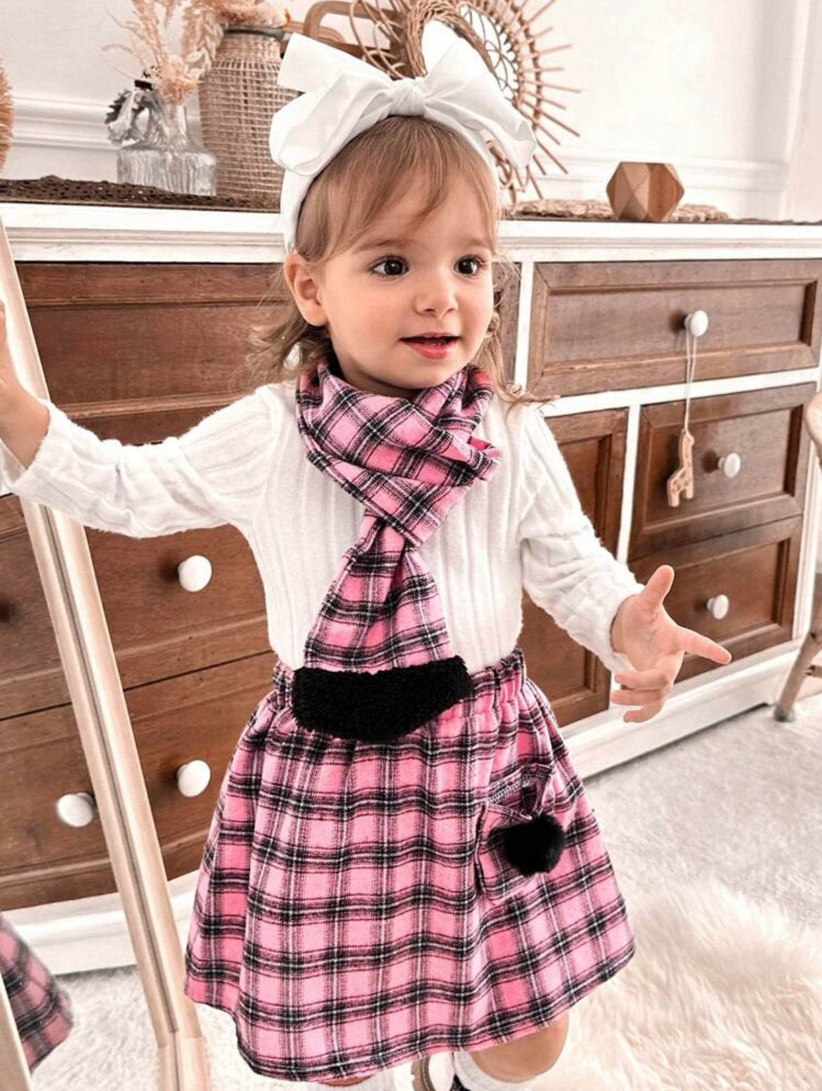 3pcs/Set Pink Plaid Outfit With Scarf.