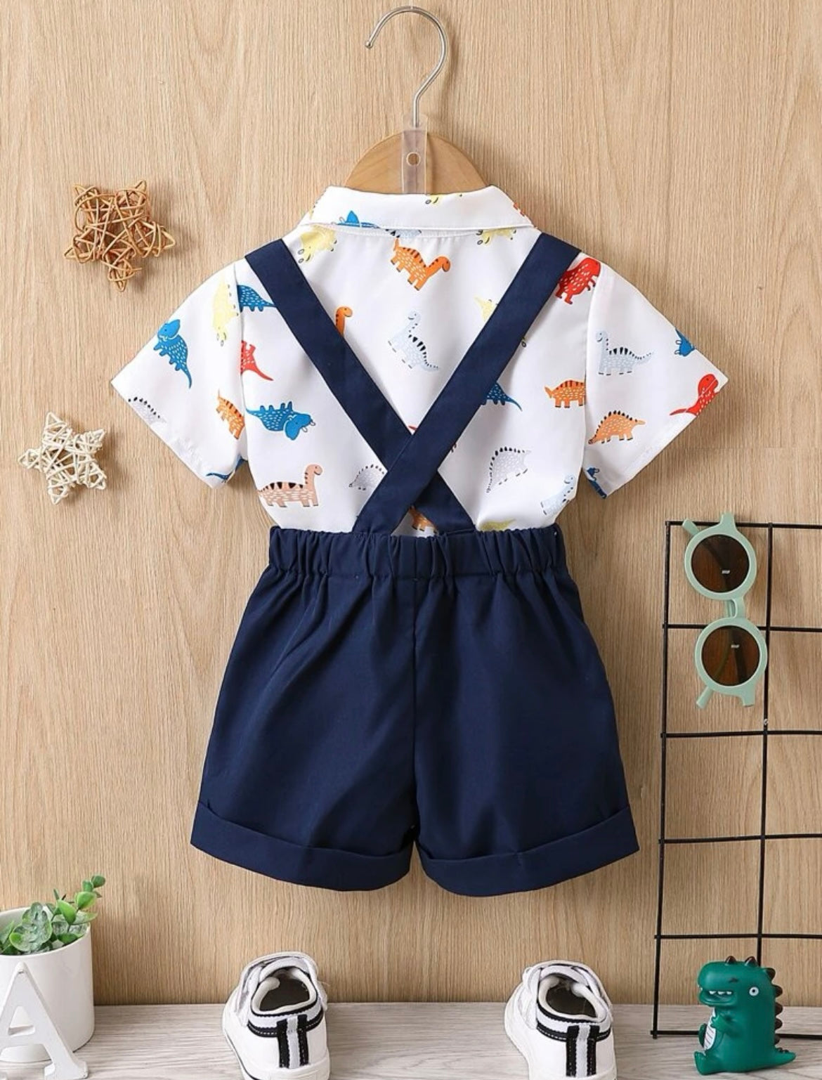 Baby Boy Dianosaur Print Bow Front Shirt & Pinafore Shorts