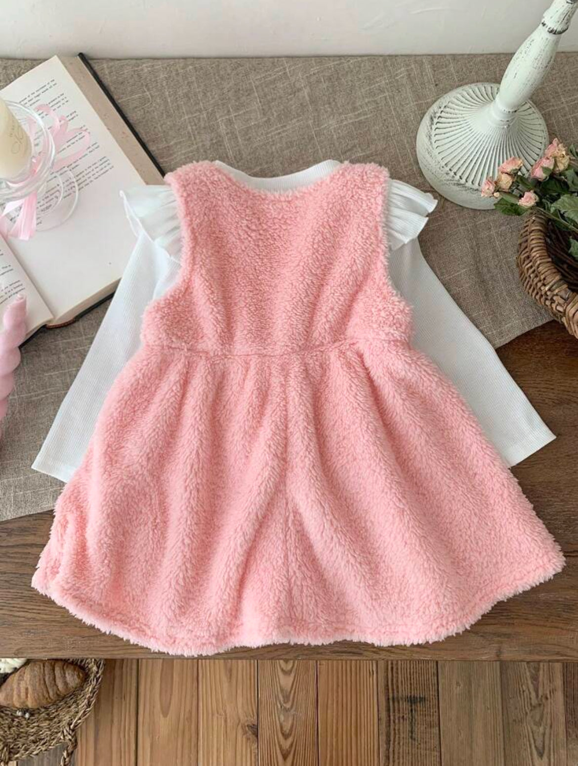 2 Pc Baby Girl Fuzzy Cartoon Pattern Sleeveless Knitted Dress & Solid Colored Top Set