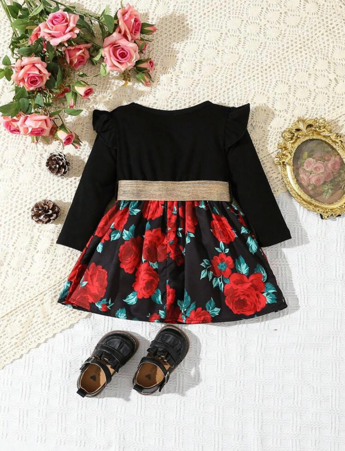 Baby Girl Floral Print Ruffle Trim Belted Dress