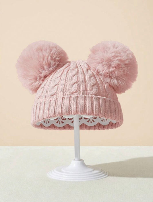 1 Pc Baby And Kids' Fleece-Lined Knitted Hat With Pom-Pom And Folded Brim, Autumn And Winter Outdoor Warm Hat