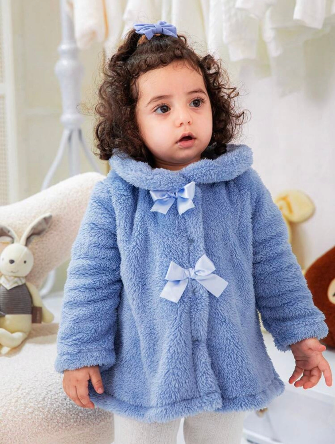 Baby Girl Casual Bow Decor Hooded Fleece Coat, Winter Clothes