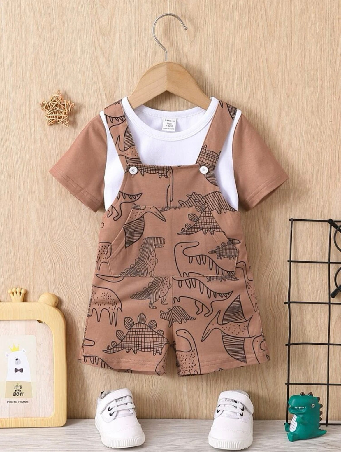 Baby Boy Colorblock Tee & Dinosaur Print Overall Romper.