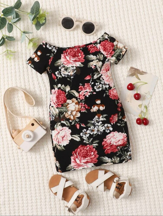 Shein Baby Girl Floral Print Off Shoulder Raglan Sleeve Dress