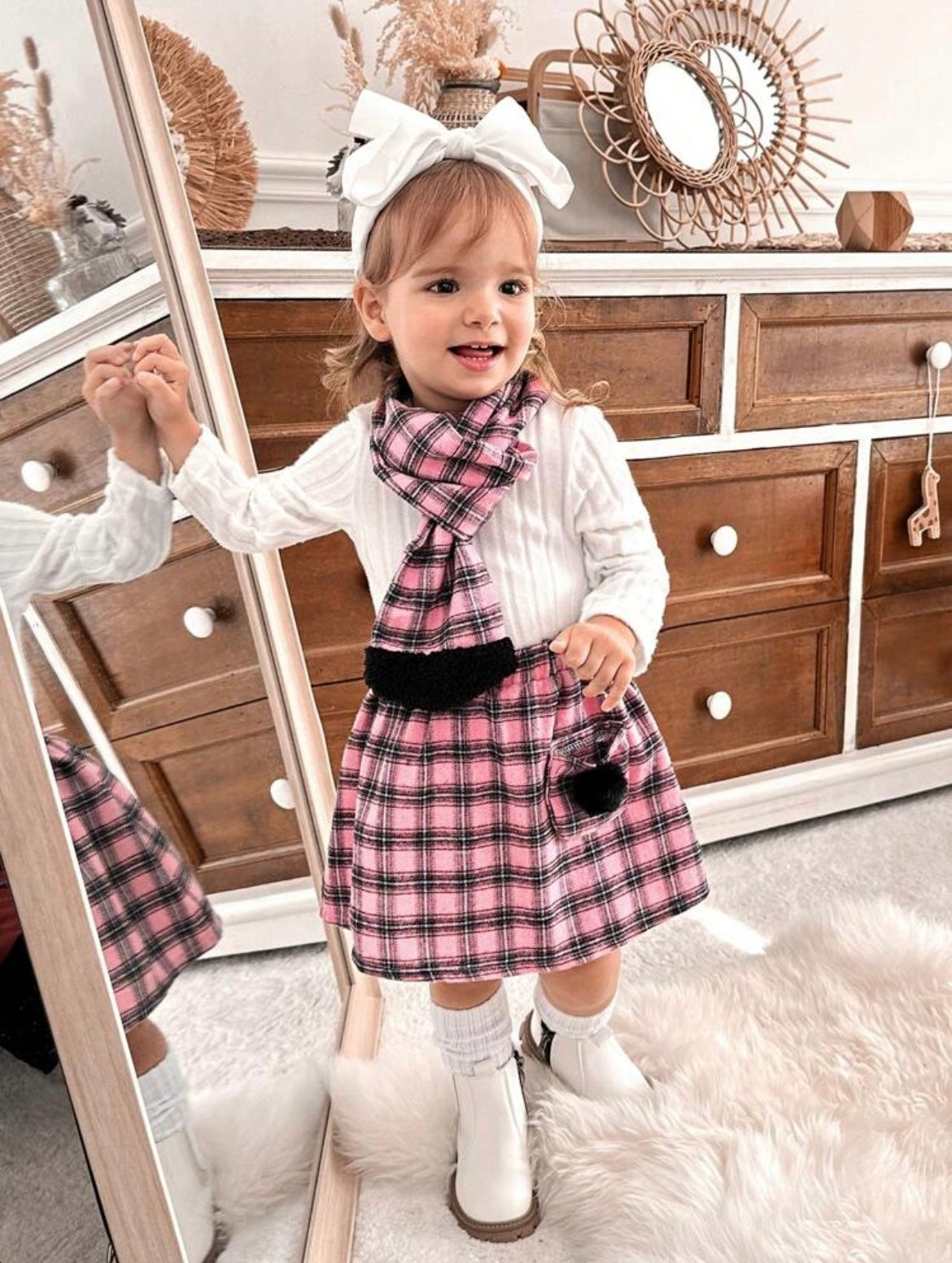 3pcs/Set Pink Plaid Outfit With Scarf.