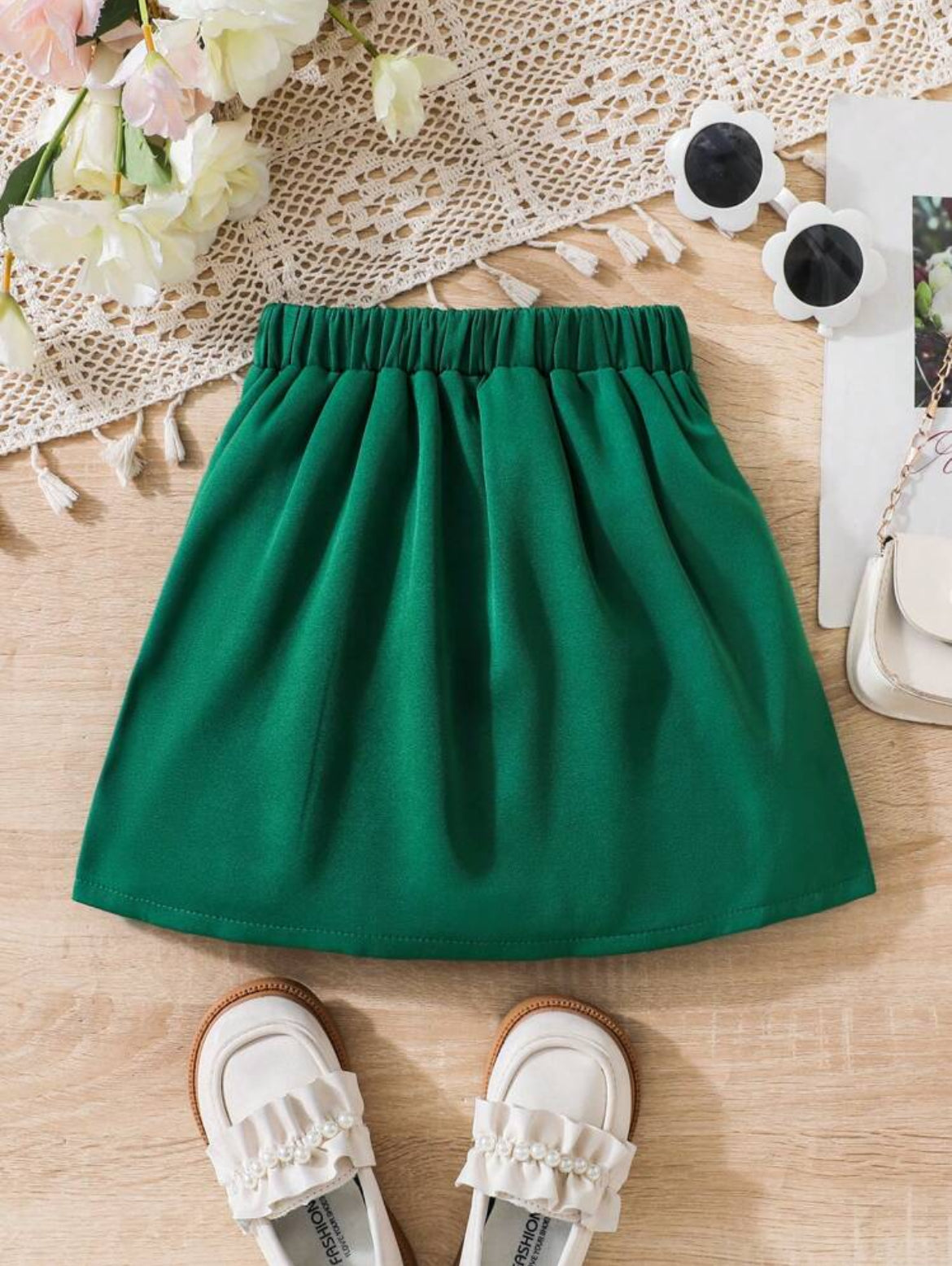 Young Girl Pleated Mini Skirt, Fashion Dark Green