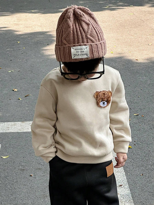 Young Boy Casual Bear Graphic Crew Neck Pullover Sweatshirt