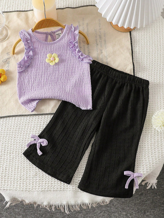 Baby Girl Summer Casual 3D Flower Decorated Tank Top And Wide Leg Pants Set