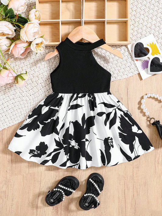 Summer Knit Patchwork Floral Pattern Sleeveless One Shoulder Dress For Baby Girl