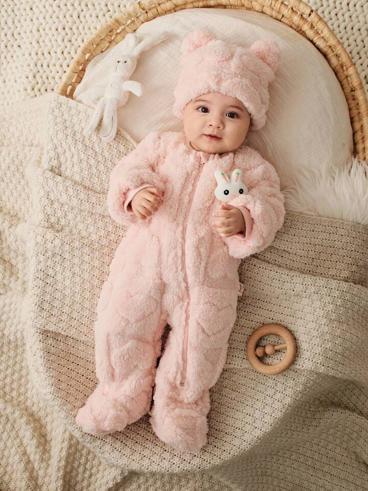 Baby Girl Cartoon Bear Textured Fleece Long Sleeve Romper And Hat 2 Pieces Set