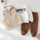 3 pc Baby Boy Letter Print Soft Knit Hooded Long Sleeve Sweatshirt, Elastic Waist Sweatpants And Sleeveless Fleece Vest Set.