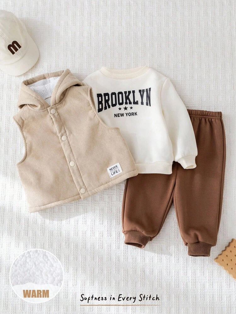 3 pc Baby Boy Letter Print Soft Knit Hooded Long Sleeve Sweatshirt, Elastic Waist Sweatpants And Sleeveless Fleece Vest Set.