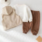 3 pc Baby Boy Letter Print Soft Knit Hooded Long Sleeve Sweatshirt, Elastic Waist Sweatpants And Sleeveless Fleece Vest Set.