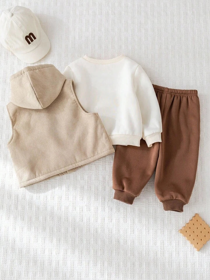 3 pc Baby Boy Letter Print Soft Knit Hooded Long Sleeve Sweatshirt, Elastic Waist Sweatpants And Sleeveless Fleece Vest Set.