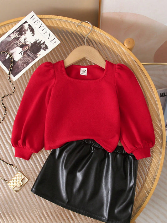 Girl Red Square Neck Puff Sleeve Top