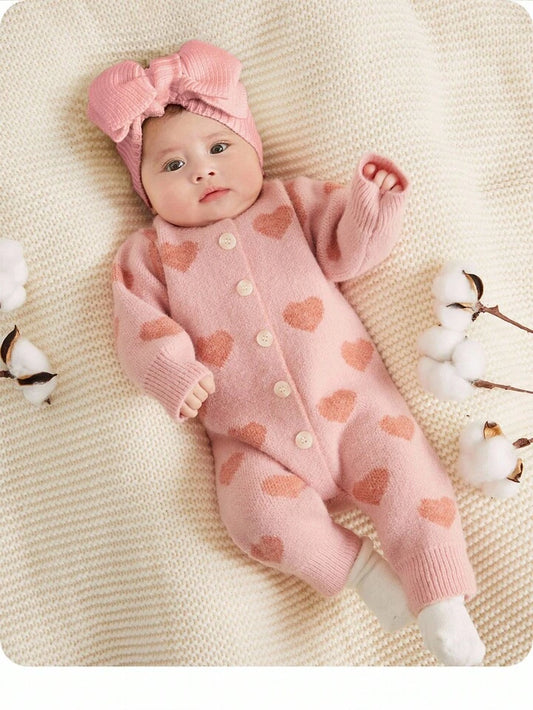 Baby Girls Cute Heart Pattern Pink Long Sleeve Jumpsuit, Autumn/Winter