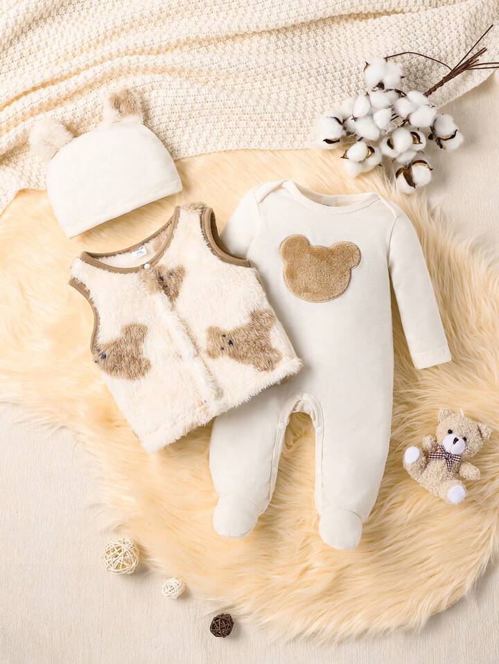 Baby Boy/Girl Cute Bear Embroidery Jumpsuit, Vest And Hat Set.