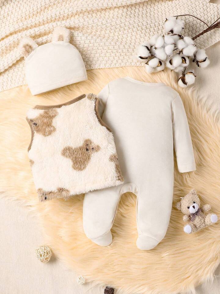 Baby Boy/Girl Cute Bear Embroidery Jumpsuit, Vest And Hat Set.