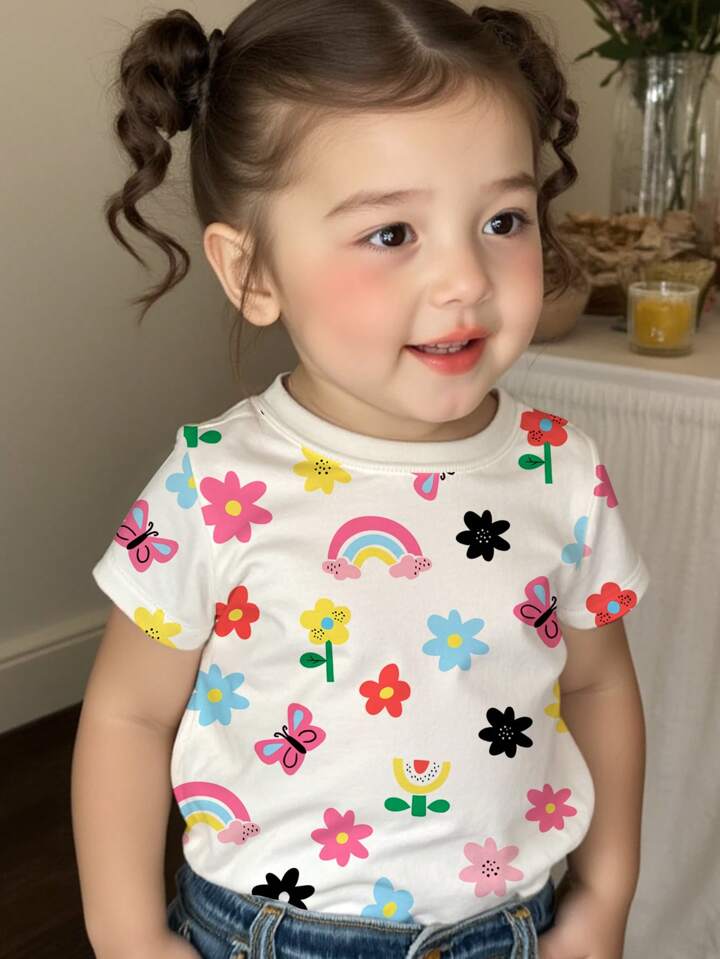 Cute Floral, Butterfly, Rainbow Print Casual Minimalist Baby Girl Short Sleeve Round Neck Top, Suitable For Summer