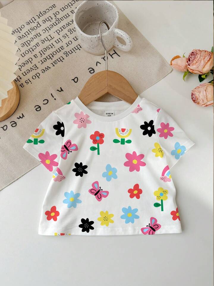 Cute Floral, Butterfly, Rainbow Print Casual Minimalist Baby Girl Short Sleeve Round Neck Top, Suitable For Summer