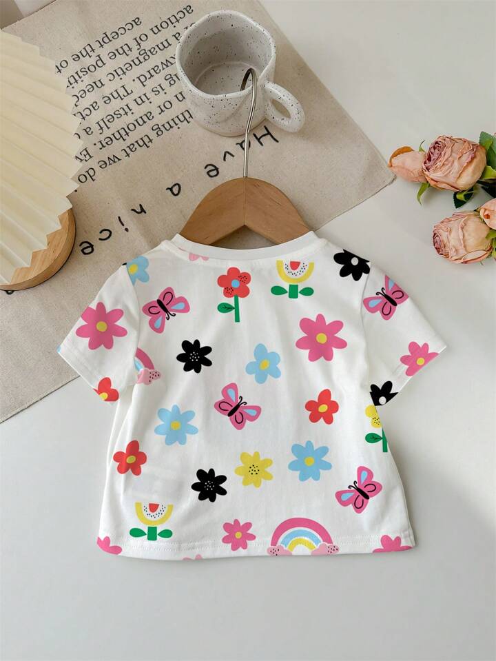 Cute Floral, Butterfly, Rainbow Print Casual Minimalist Baby Girl Short Sleeve Round Neck Top, Suitable For Summer