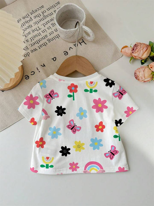 Cute Floral, Butterfly, Rainbow Print Casual Minimalist Baby Girl Short Sleeve Round Neck Top, Suitable For Summer