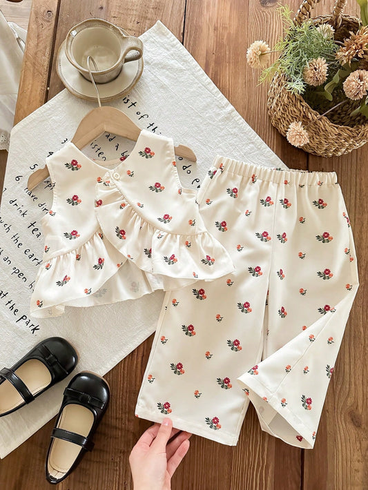 Summer Floral Ruffled Sleeveless Top & Elastic Waist Pant Set