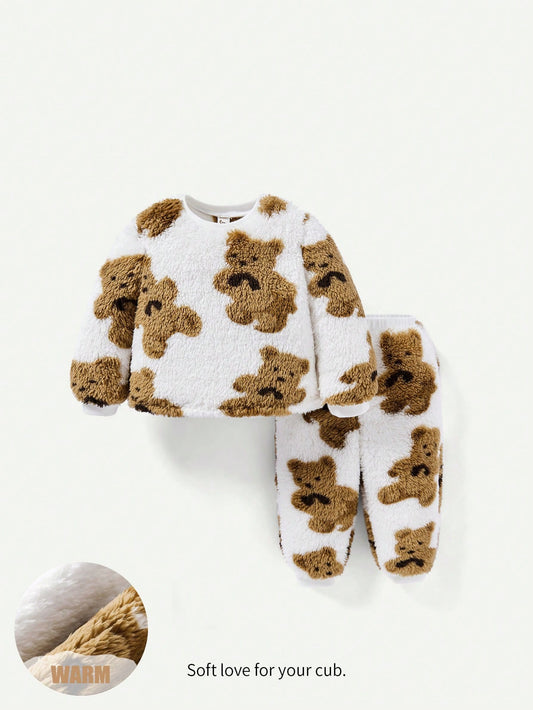 Cozy Pixies Baby Girl/Boy Bear Print Teddy Sweatshirt & Pants.