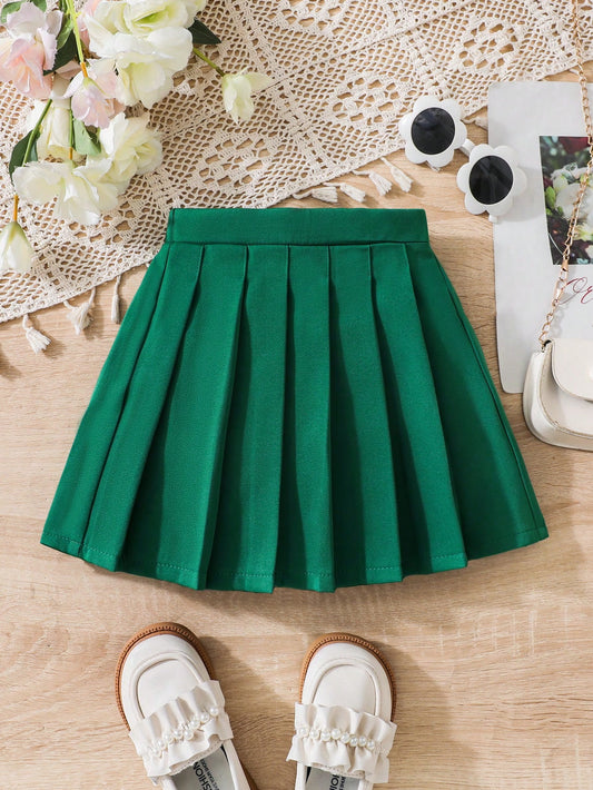 Young Girl Pleated Mini Skirt, Fashion Dark Green