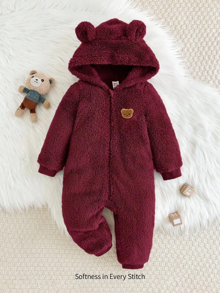 Baby Boy/ Girl Cartoon Rabbit Ear Hooded Thick Fleece Jumpsuit, Suitable For Autumn/Winter.