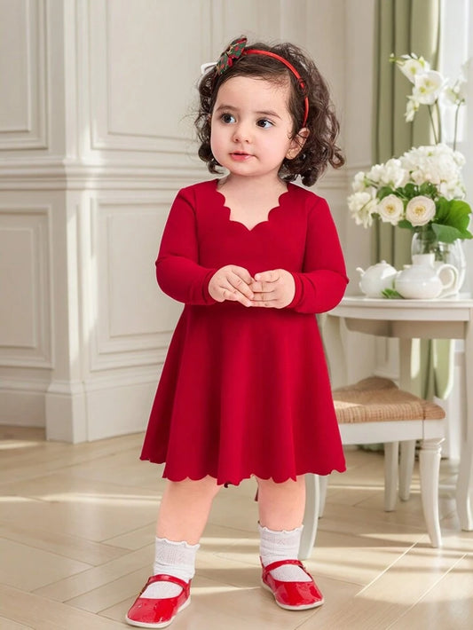 Girl Elegant Solid Color Ruffle Hem Long Sleeve Dress For Autumn