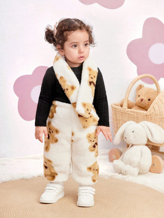 2pcs Baby Girl Casual Fluffy Cartoon Pattern Sweater And Pants Winter Set