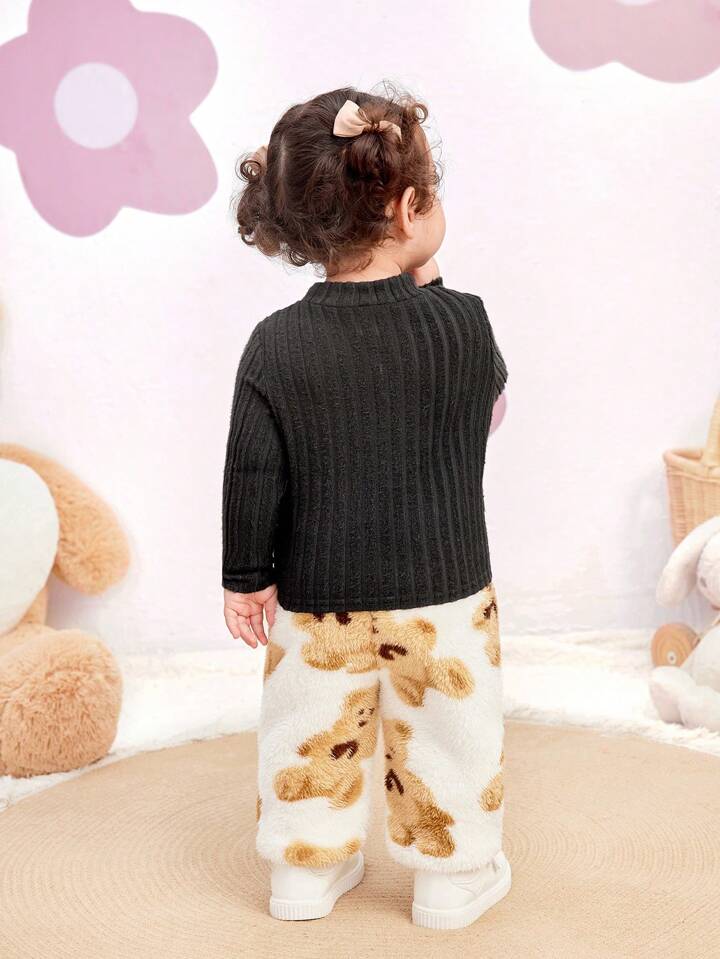 2pcs Baby Girl Casual Fluffy Cartoon Pattern Sweater And Pants Winter Set