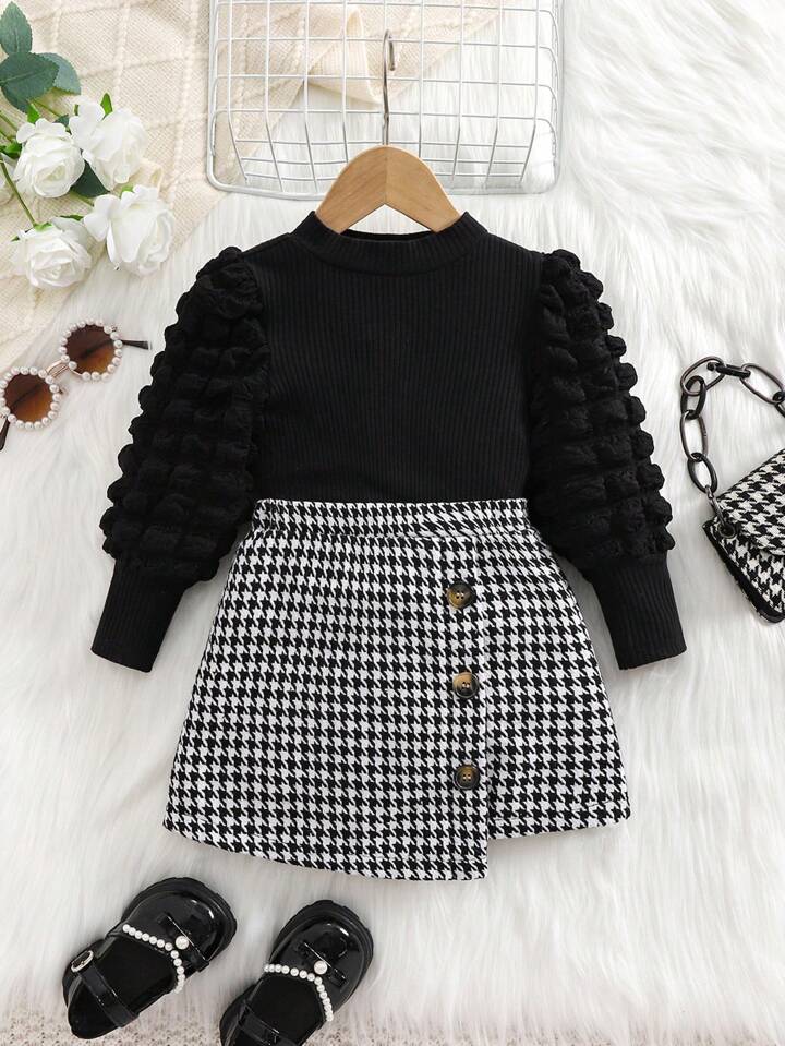 2pcs Baby Girl Knit Patchwork Bubble Sleeve Top And Houndstooth Skirt Set, Autumn/Winter